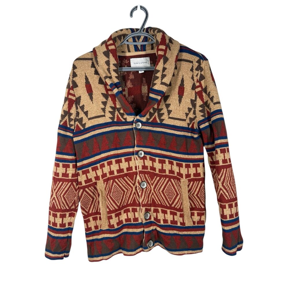 Sun + Stone Men Button Up Cardigan Sz S Aztec Western Rodeo Cowboy Southwestern